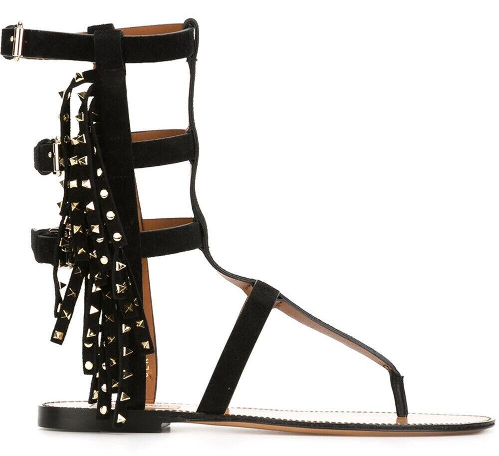 Valentino Fringed Rockstud Gladiator Flat Sandals SZ 36.5 New Caged Black $1675